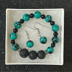 Turquoise & Lava Stone Matching Bracelet/Earrings (Perfect For Essential Oils)